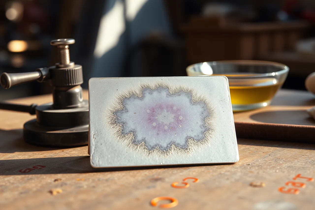 Silver coupon with gray-purple firestain after heating (Firestain, porosity, contamination, mixed alloys, and misleading marks)