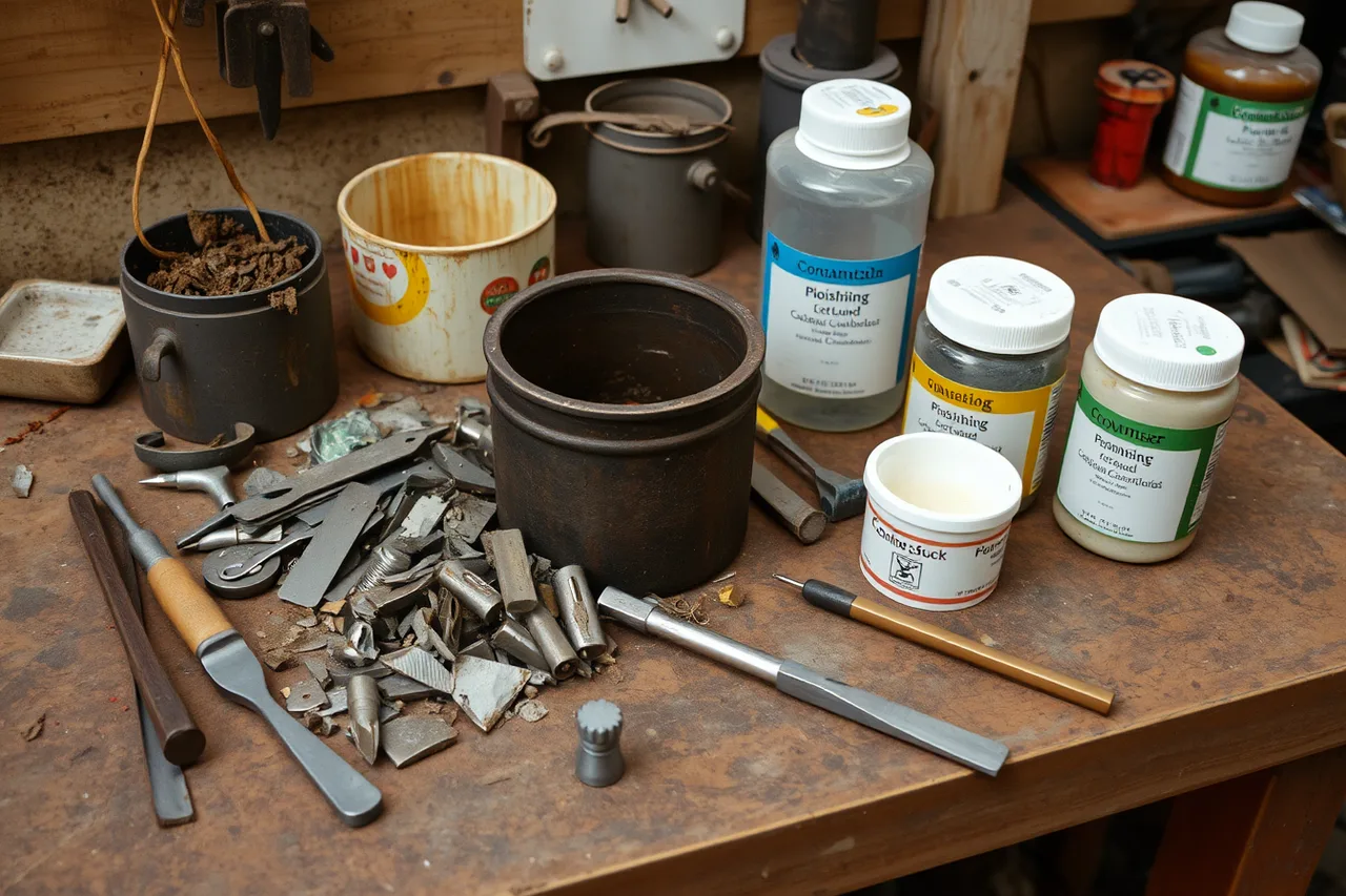 Dirty crucible and mixed scrap metal on a bench (Firestain, porosity, contamination, mixed alloys, and misleading marks)