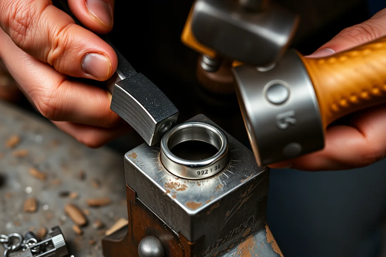 Jeweler stamping 925 mark on a silver ring with a punch and hammer (What must you stamp on silver under the FTC Jewelry Guides and US hallmarking?)