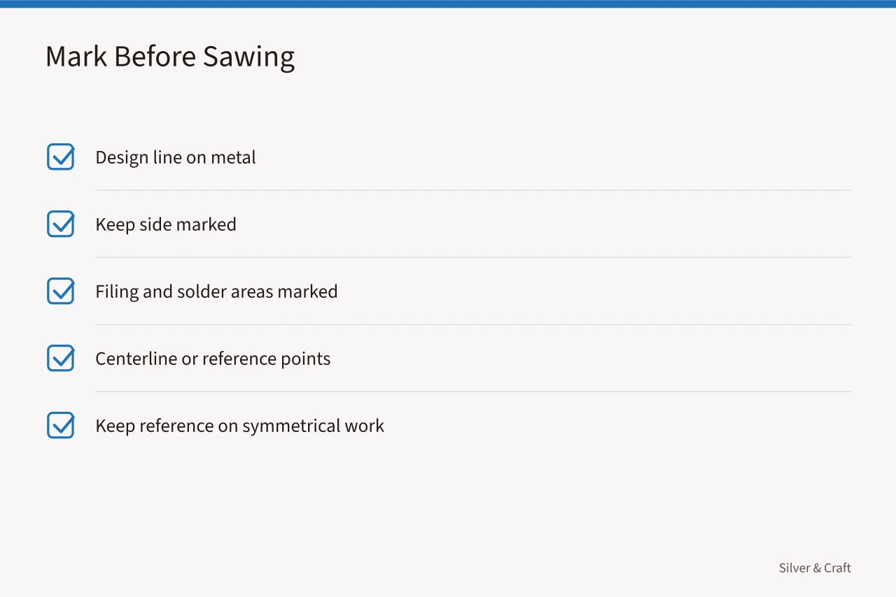 Checklist of three marks and reference lines on silver (Silver sawing and piercing guide: layout, blades, support, turns, and cleanup)