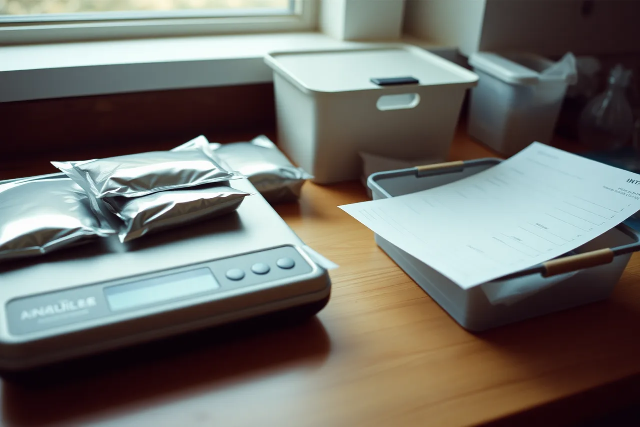 Sealed silver stock, invoice, bin label, and scale on intake bench (Silver stock, hallmark, supplier, and batch-record checklist)