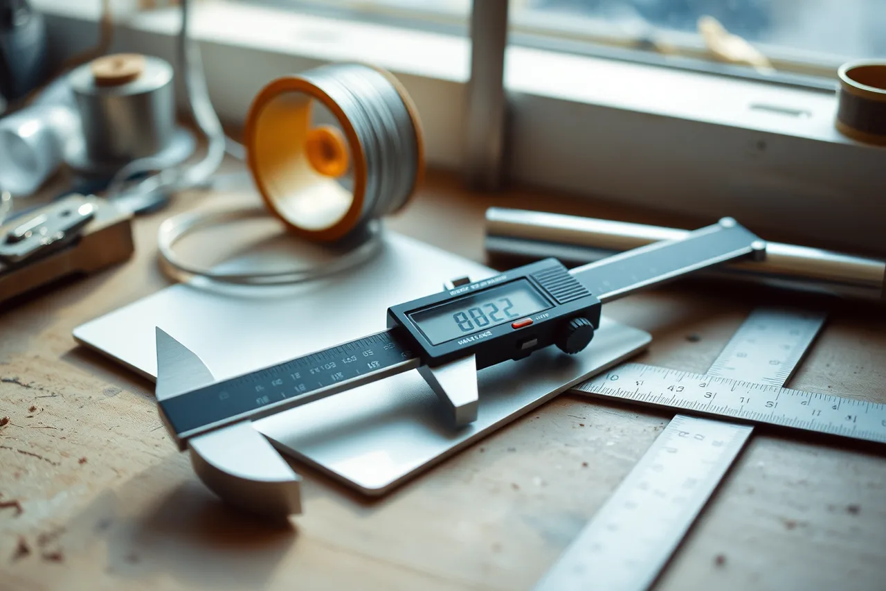 Calipers, micrometer, ruler, and scale measuring silver stock dimensions (Silver stock, hallmark, supplier, and batch-record checklist)