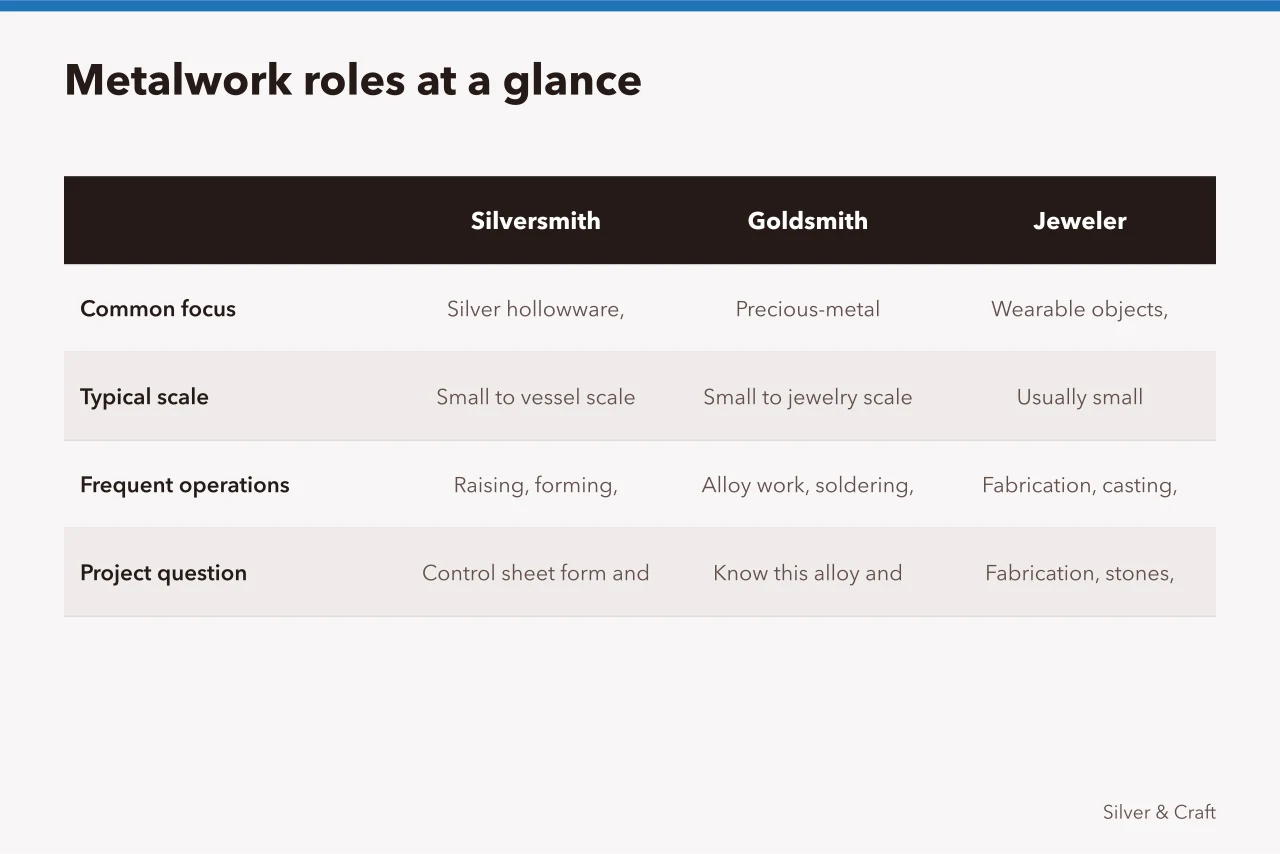 Comparison table of silversmith, goldsmith, jeweler, and metalsmith roles (Silversmith, goldsmith, jeweler, and metalsmith work compared)