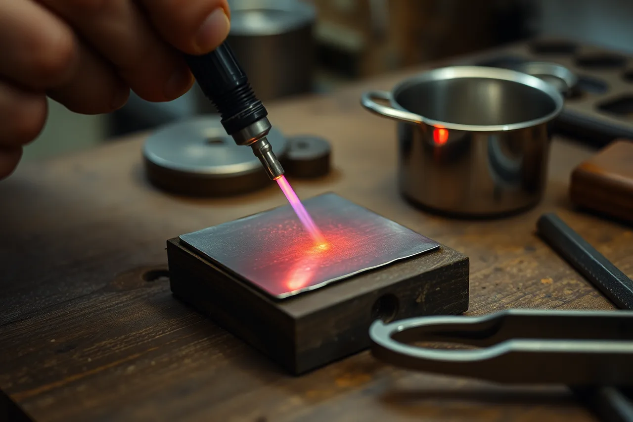 Silversmith heating silver sheet with a torch to read annealing colour (Silversmithing foundations guide: design, metal, tools, sequence, and records)