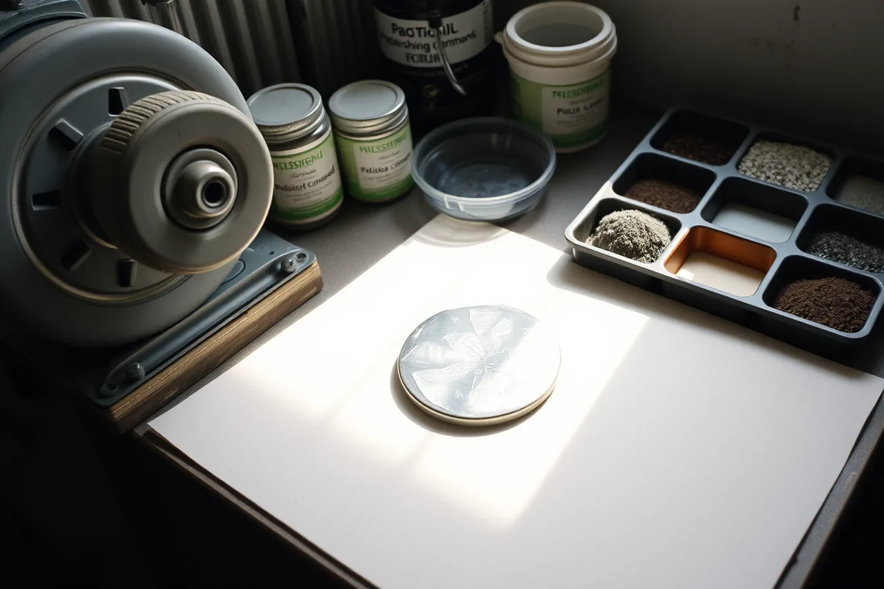 Polishing wheel with separated abrasive grades and labelled compounds (Silversmithing foundations guide: design, metal, tools, sequence, and records)