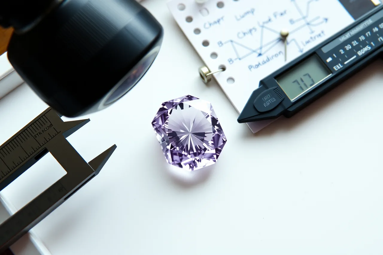 Gemstone on tray with loupe, calipers, and inspection notes (Stone condition, setting geometry, tool, support, and security checklist)