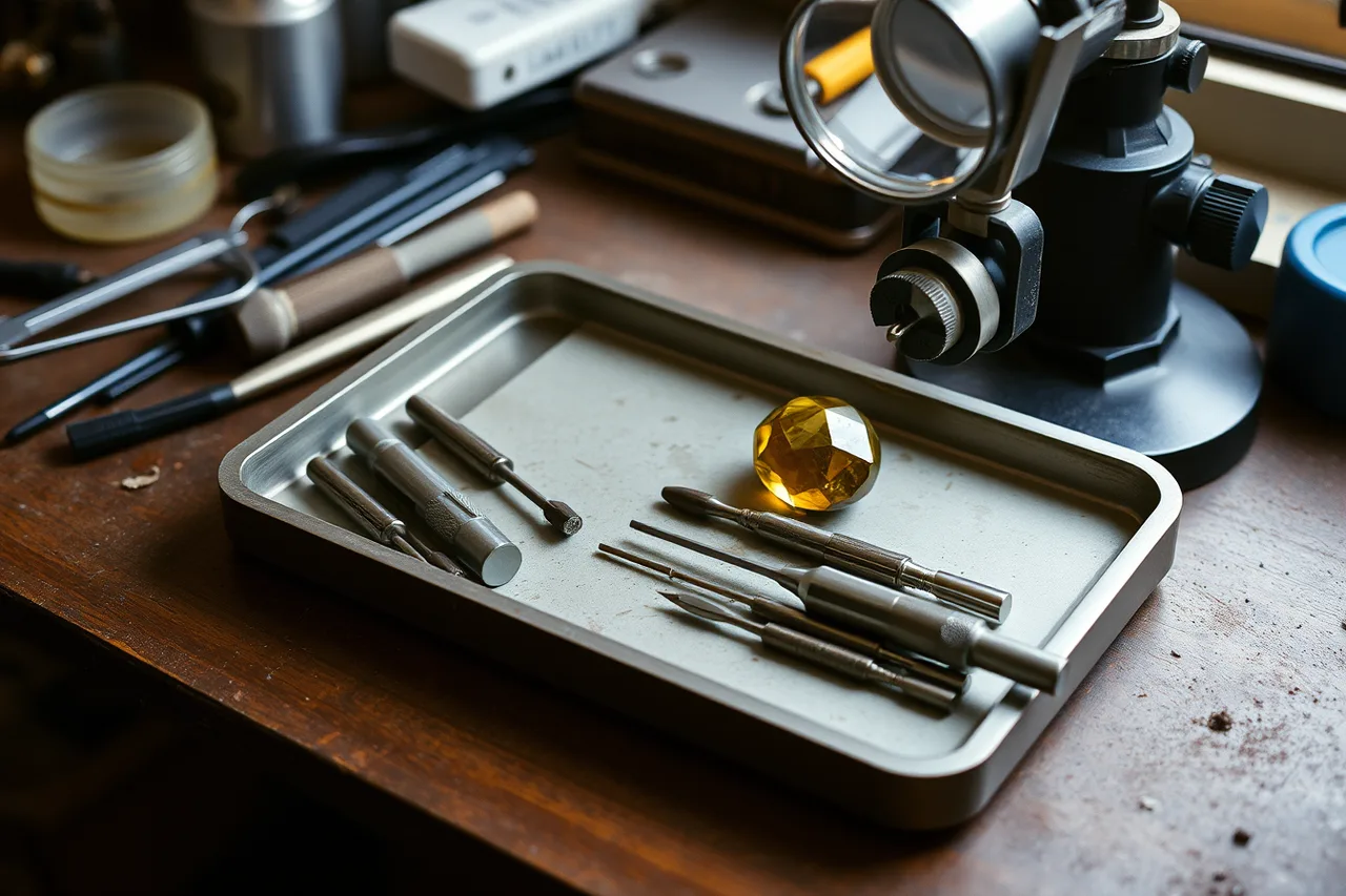 Setting tools, flex-shaft handpiece, and stone held in clamp (Stone condition, setting geometry, tool, support, and security checklist)