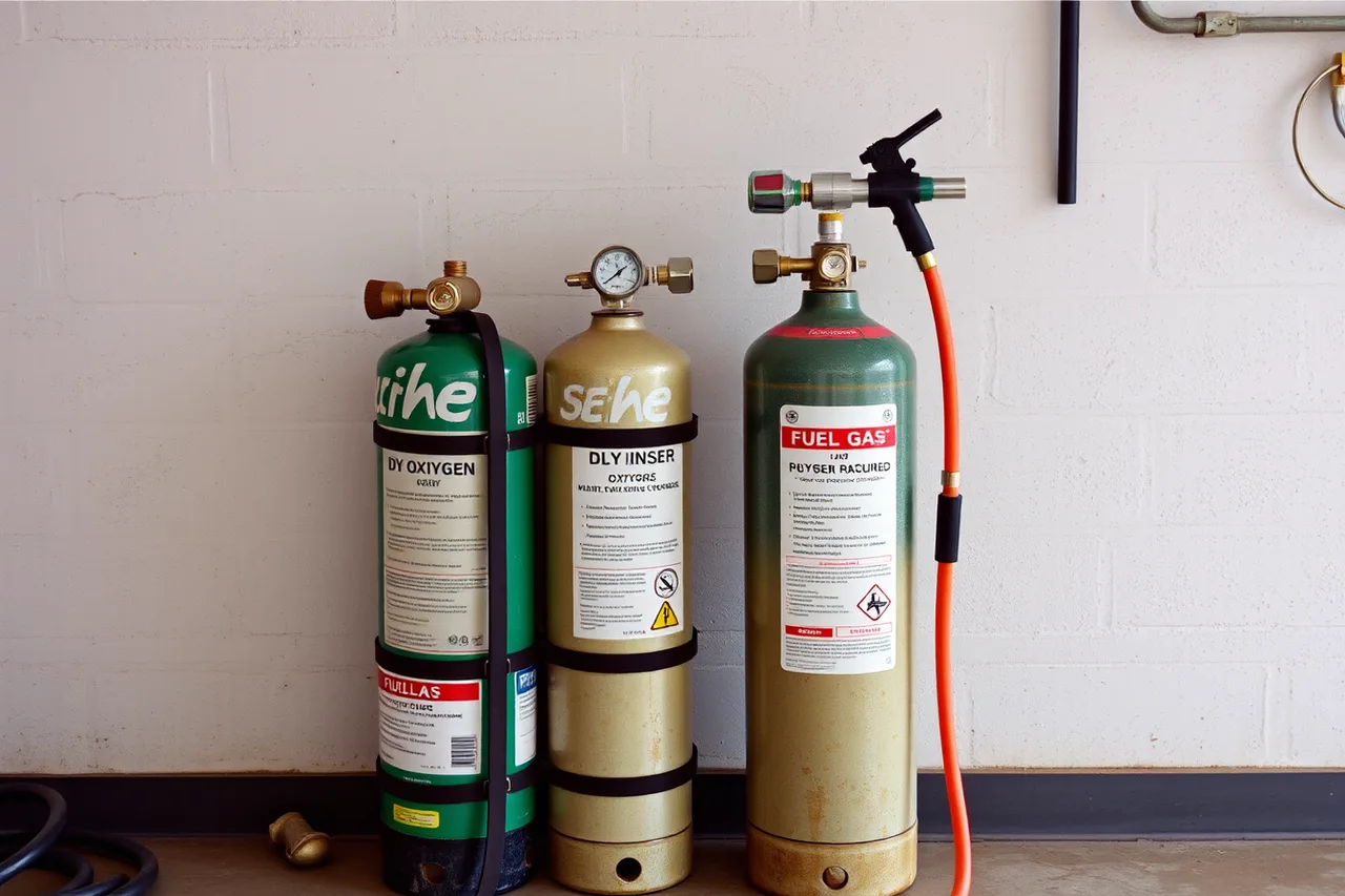Secured oxygen and fuel cylinders with regulators and hoses connected to torch (Torch, fuel, joint, flux, solder, and fire-safety checklist)